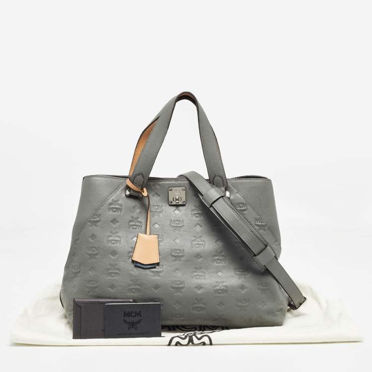 Pre Owned MCM Grey/Brown Monogram Embossed Leather Essential Tote