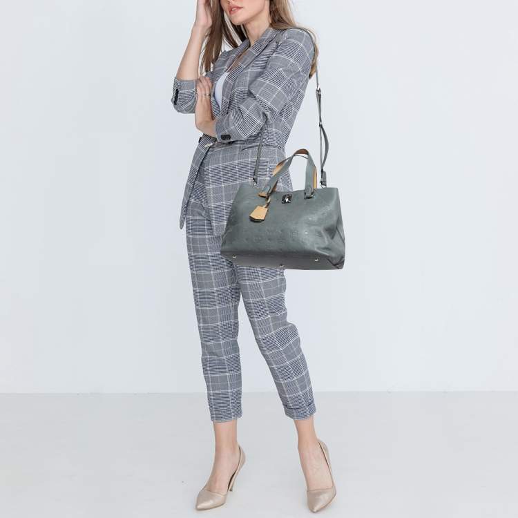 Pre Owned MCM Grey/Brown Monogram Embossed Leather Essential Tote