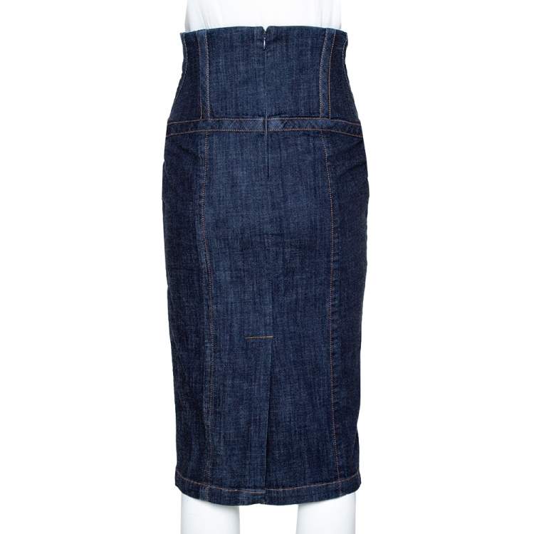 Pre Owned McQ by Alexander McQueen Indigo Denim Corset Waist Detail Pencil Skirt S