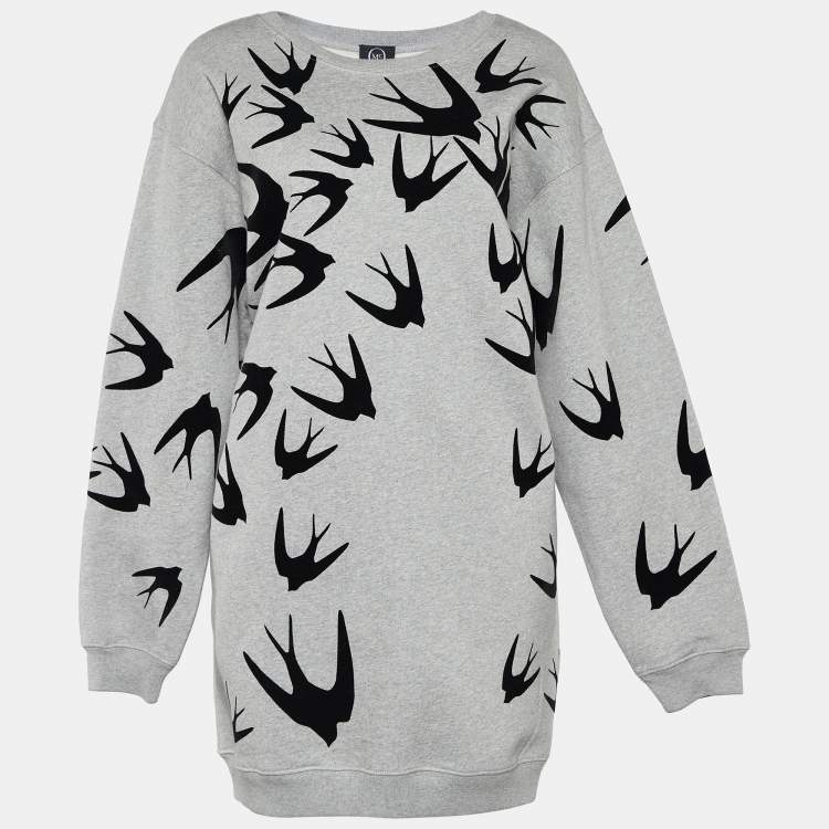 McQ by Alexander McQueen Grey Flocked Swallow Print Cotton Sweater Dress L McQ by Alexander McQueen The Luxury Closet