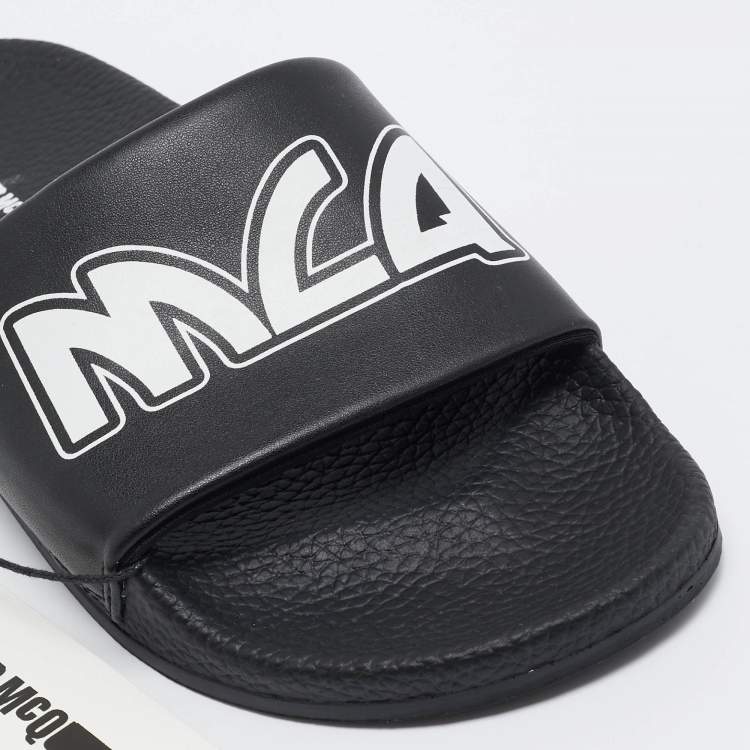 Pre Owned McQ by Alexander McQueen Black Faux Leather Logo Slides Size 40
