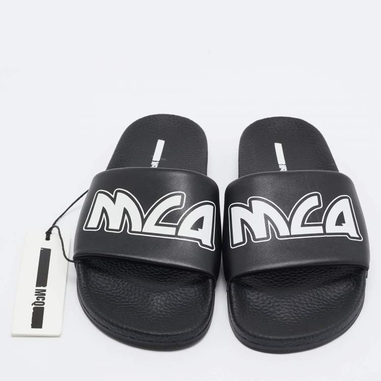 Pre Owned McQ by Alexander McQueen Black Faux Leather Logo Slides Size 40