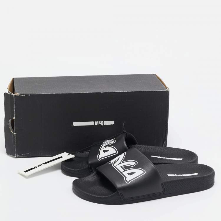 Pre Owned McQ by Alexander McQueen Black Faux Leather Logo Slides Size 40