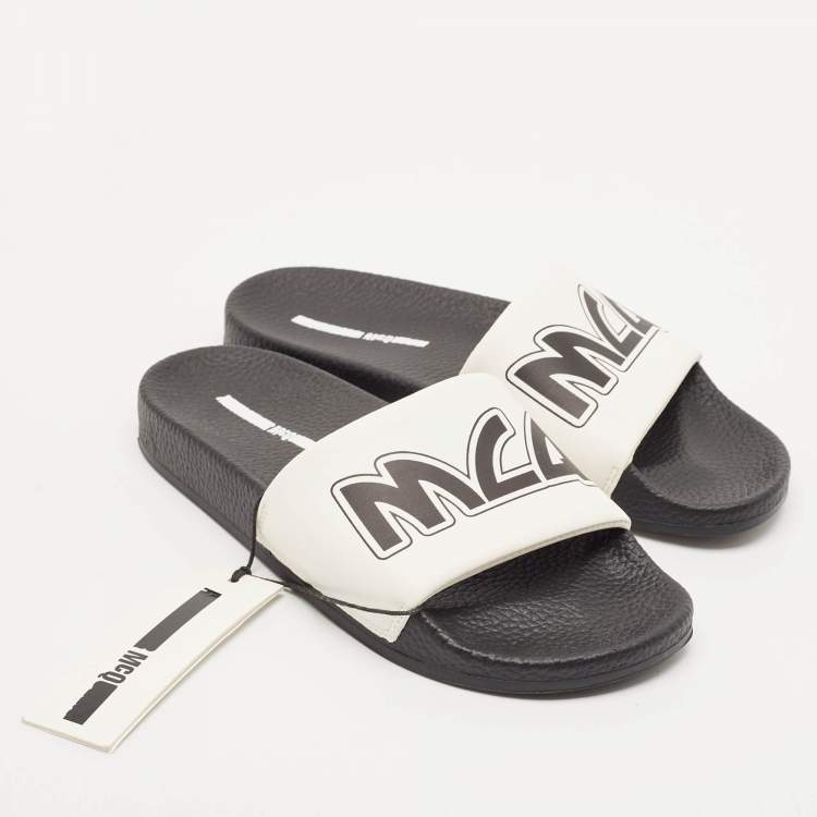 Pre Owned McQ by Alexander McQueen White/Black Leather Logo Flat Slides Size 38
