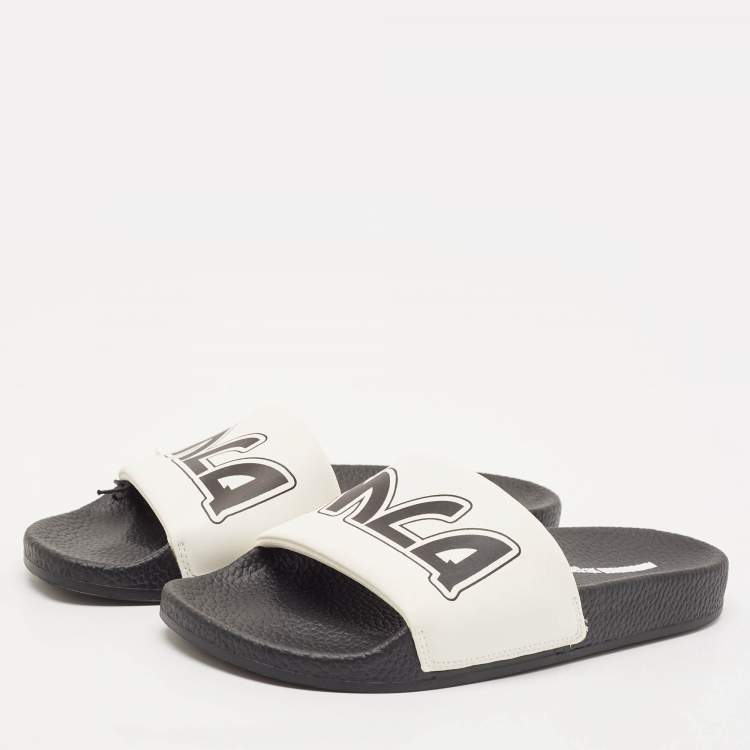 Pre Owned McQ by Alexander McQueen White/Black Leather Logo Flat Slides Size 38
