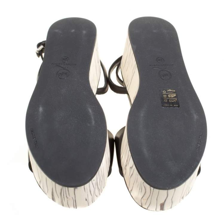 Pre Owned McQ by Alexander McQueen Black Leather Wooden Platform Ankle Wrap Sandals Size 38
