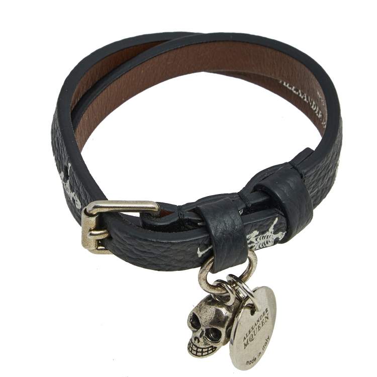 Pre Owned Alexander McQueen Skull Print Silver Tone Metal Double Bracelet