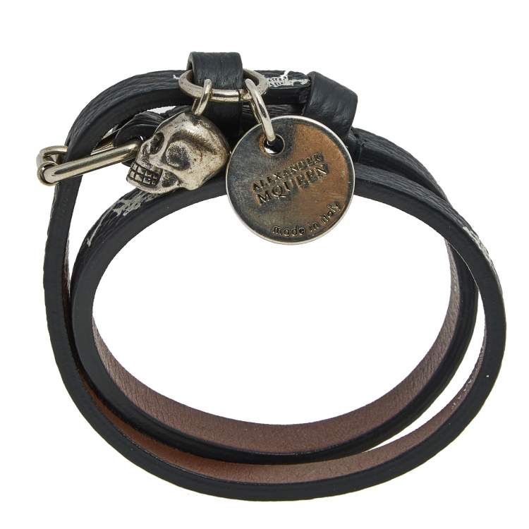Pre Owned Alexander McQueen Skull Print Silver Tone Metal Double Bracelet
