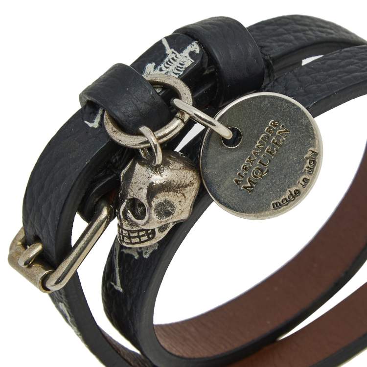 Pre Owned Alexander McQueen Skull Print Silver Tone Metal Double Bracelet
