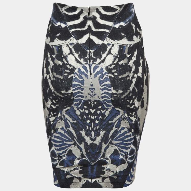 Pre Owned McQ by Alexander McQueen Blue Beetle Print Crepe Pencil Skirt XS
