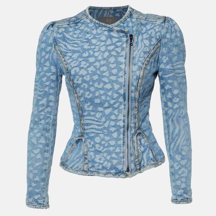 Pre Owned McQ by Alexander McQueen Blue Animal Patterned Jacquard Denim Jacket S