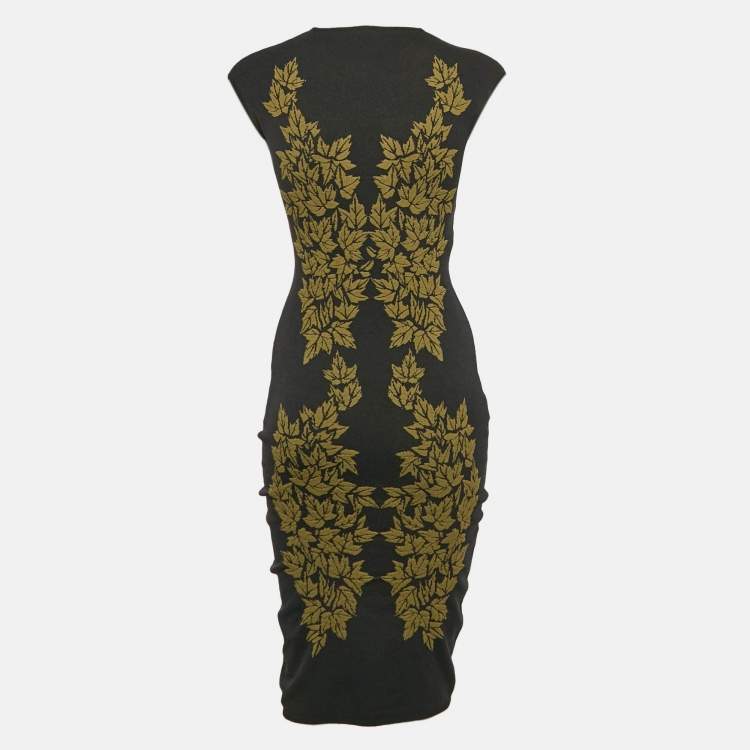 Pre Owned McQ by Alexander McQueen Black Leaf Intarsia Stretch Knit Bodycon Dress M