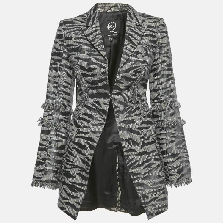 Pre Owned McQ by Alexander McQueen Grey Animal Pattern Wool Fringed Jacket S