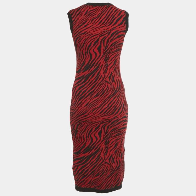Pre Owned McQ by Alexander McQueen Red Animalskin Pattern Wool Midi Dress XXS