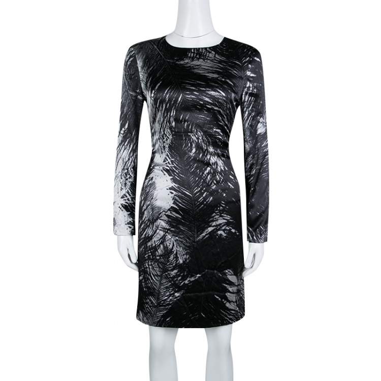 Pre Owned McQ by Alexander McQueen Monochrome Printed Silk Satin Long Sleeve Dress M