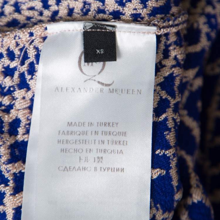 Pre Owned McQ by Alexander McQueen Pink and Blue Crocodile Patterned Jacquard Fit and Flare Dress XS