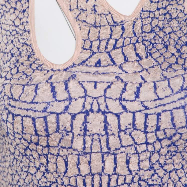 Pre Owned McQ by Alexander McQueen Pink and Blue Crocodile Patterned Jacquard Fit and Flare Dress XS