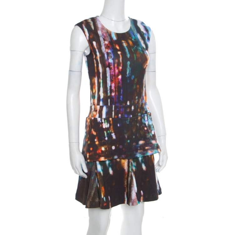 Pre Owned McQ by Alexander McQueen Blurry Lights Printed Jersey Sleeveless Peplum Dress S 