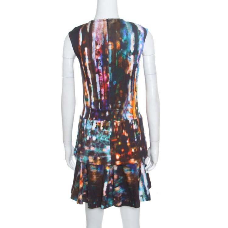 Pre Owned McQ by Alexander McQueen Blurry Lights Printed Jersey Sleeveless Peplum Dress S 