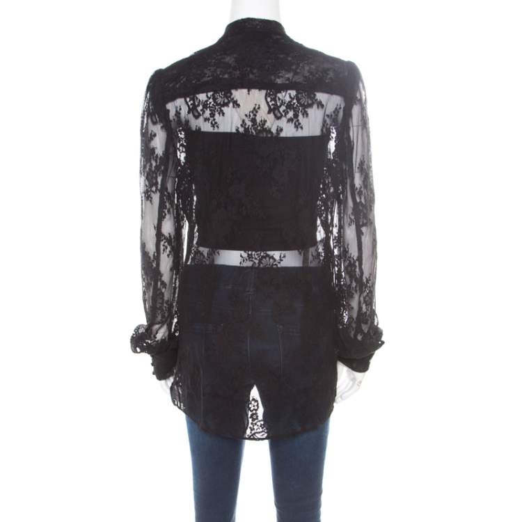 Pre Owned McQ By Alexander McQueen Black Floral Lace Long Sleeve Blouse L