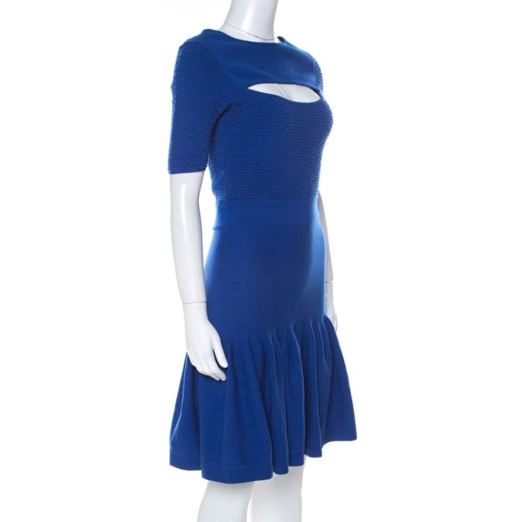 Pre Owned McQ by Alexander McQueen Blue Jersey Cut Out Neck Detail Fitted Fishtail Midi Dress S