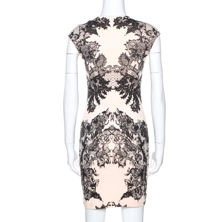 Pre Owned McQ by Alexander McQueen Bicolor Lace Printed Jersey Fitted Dress XS