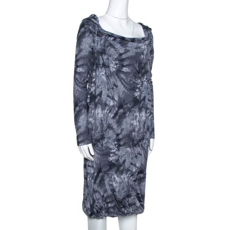 Pre Owned McQ by Alexander McQueen Graphite Printed Cotton Jersey Hooded Dress XS