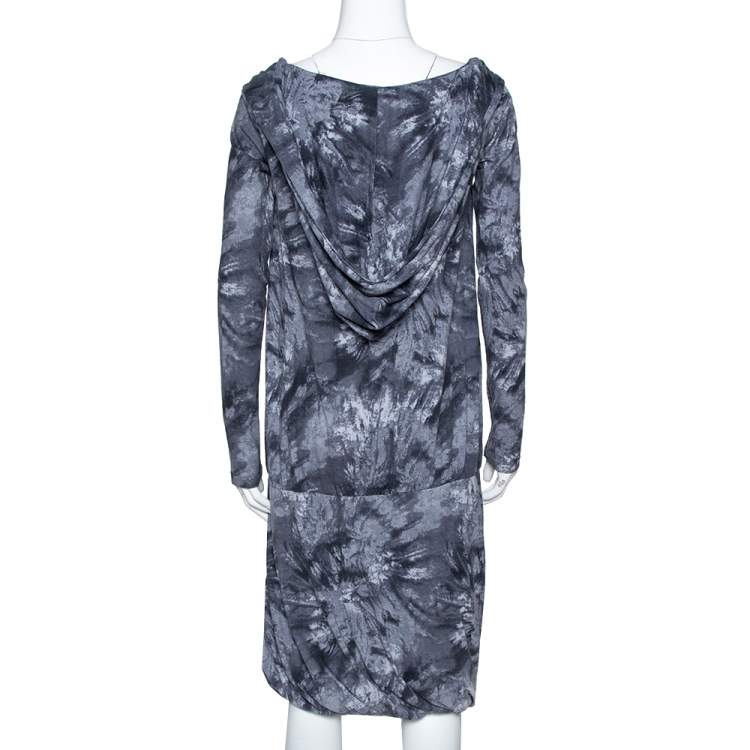Pre Owned McQ by Alexander McQueen Graphite Printed Cotton Jersey Hooded Dress XS
