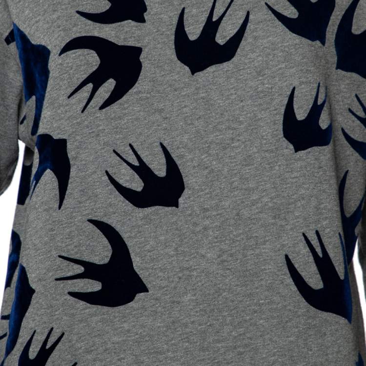 Pre Owned McQ by Alexander McQueen Grey Flocked Swallow Print Cotton Sweatshirt S