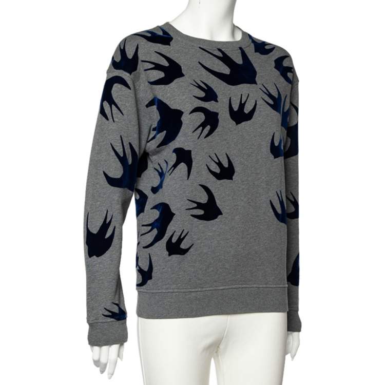 Pre Owned McQ by Alexander McQueen Grey Flocked Swallow Print Cotton Sweatshirt S