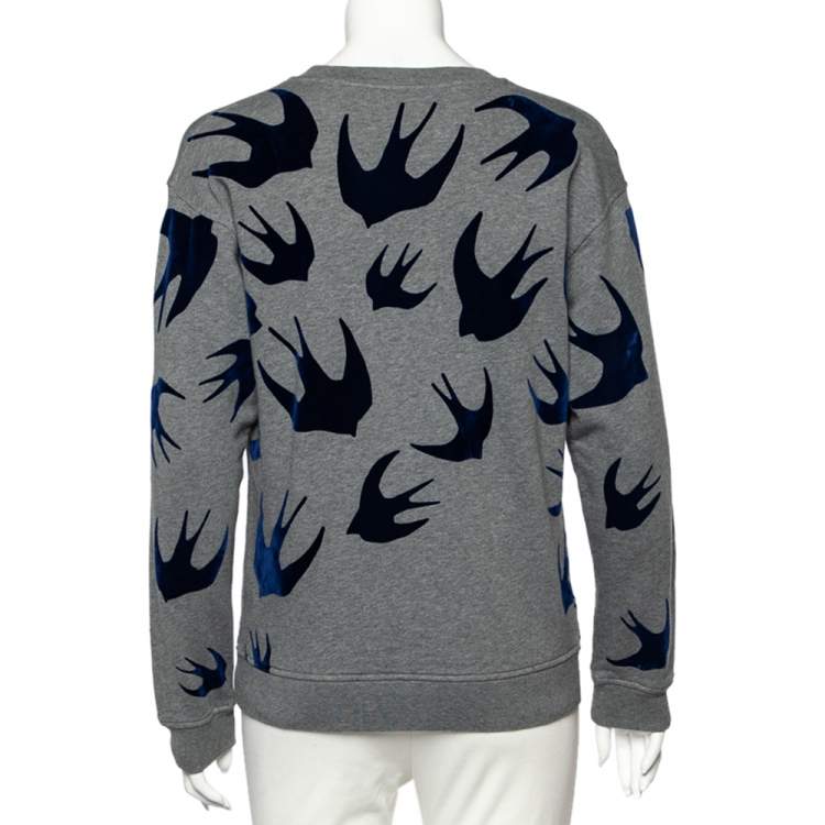 Pre Owned McQ by Alexander McQueen Grey Flocked Swallow Print Cotton Sweatshirt S