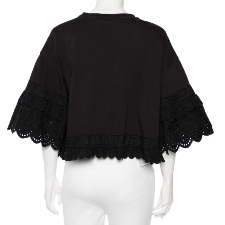Pre Owned McQ by Alexander McQueen Black Cotton Eyelet Trimmed Ruffled T-Shirt S