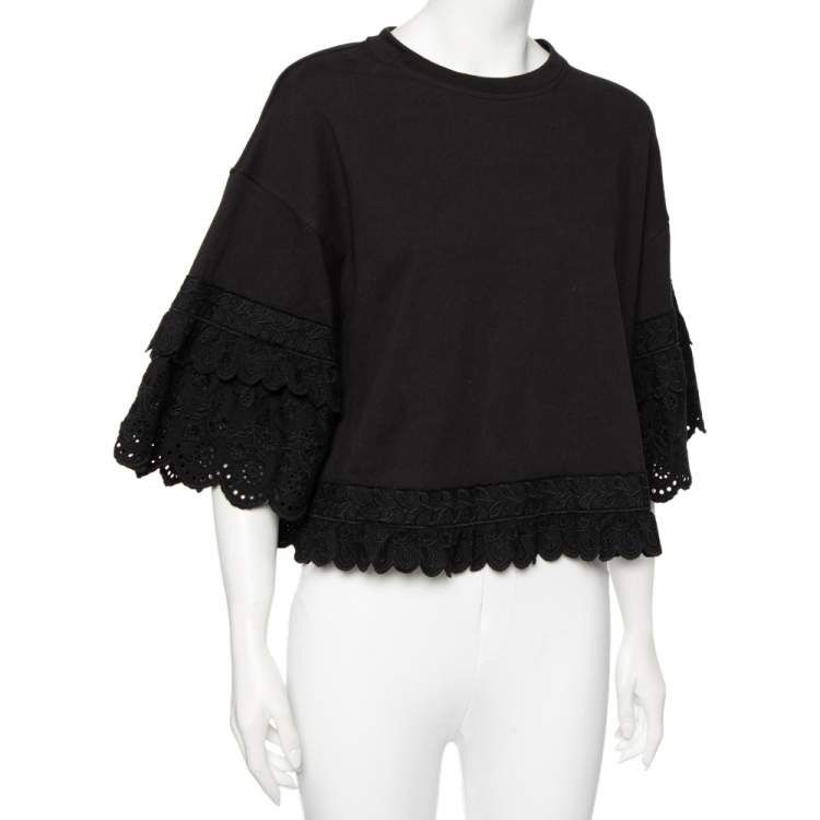 Pre Owned McQ by Alexander McQueen Black Cotton Eyelet Trimmed Ruffled T-Shirt S