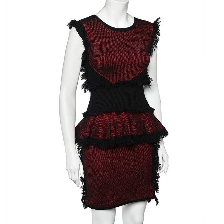 Pre Owned McQ by Alexander McQueen Red & Black Tweed Knit Fringed Detail Mini Dress M