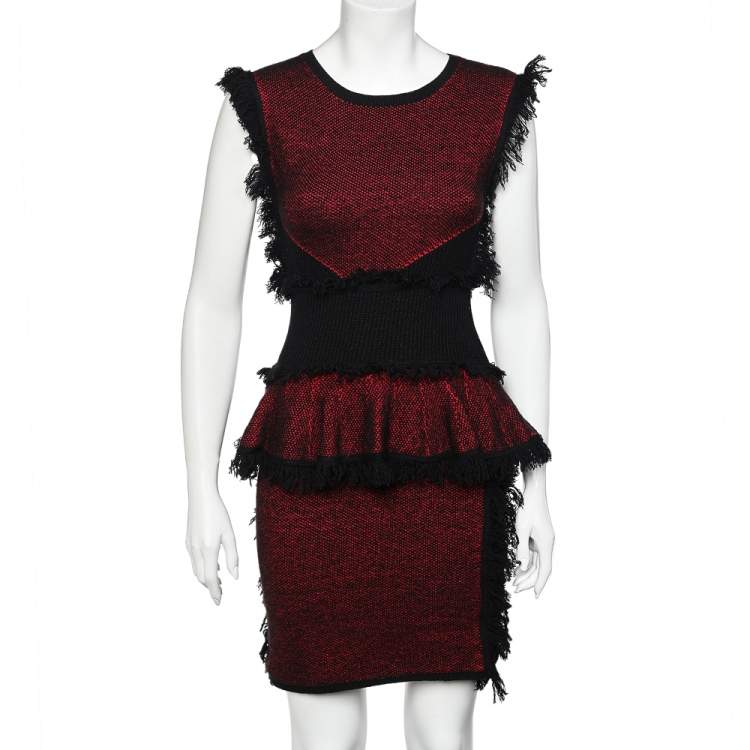 Pre Owned McQ by Alexander McQueen Red & Black Tweed Knit Fringed Detail Mini Dress M