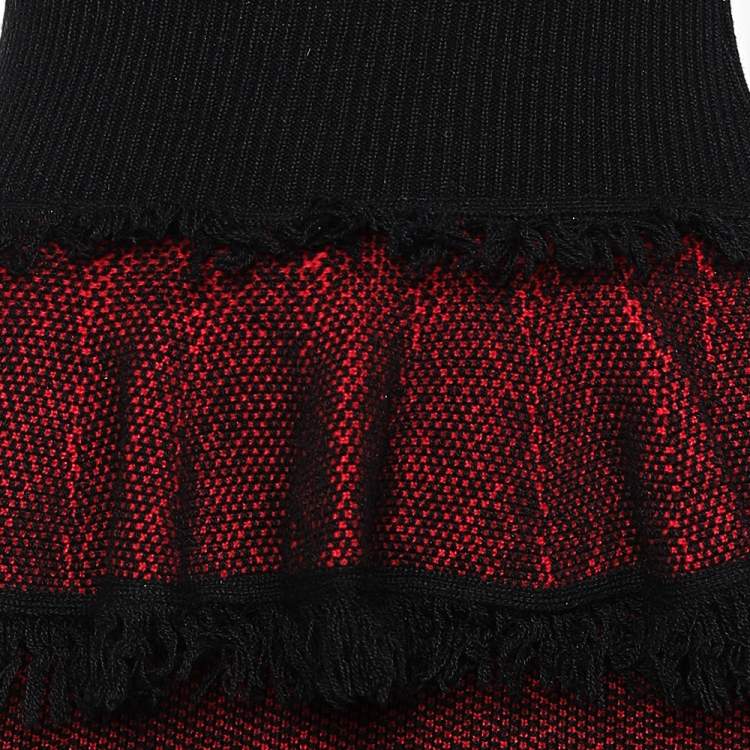 Pre Owned McQ by Alexander McQueen Red & Black Tweed Knit Fringed Detail Mini Dress M