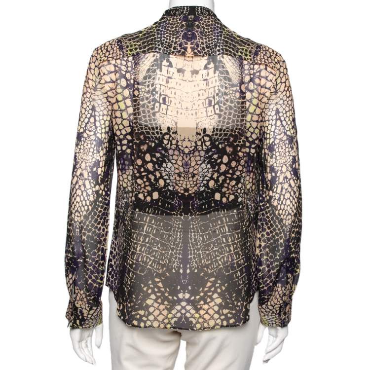 Pre Owned McQ by Alexander McQueen Multicolor Croc Printed Silk Long Sleeve Blouse M