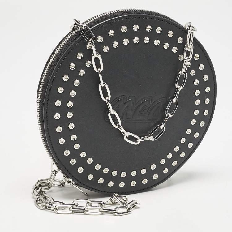 Pre Owned McQ by Alexander McQueen Black Leather Studded Round Chain Pouch