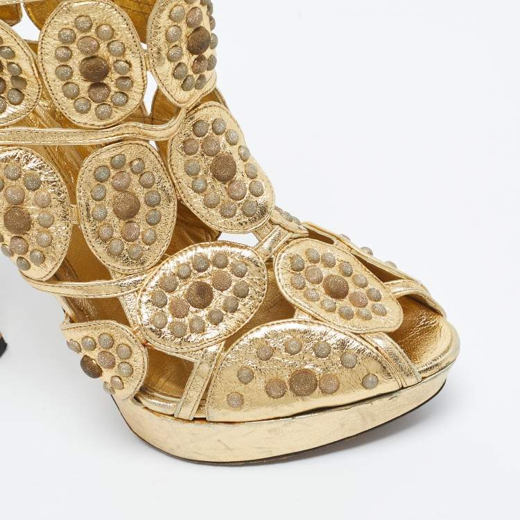 Pre Owned McQ by Alexander McQueen Gold Leather  Embellished Platform Sandals Size 40