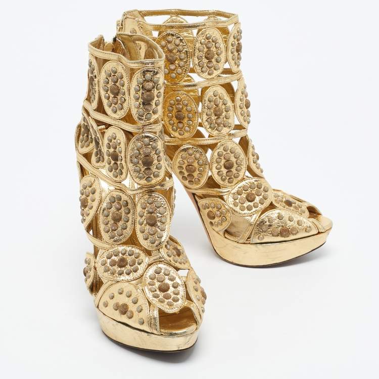 Pre Owned McQ by Alexander McQueen Gold Leather  Embellished Platform Sandals Size 40