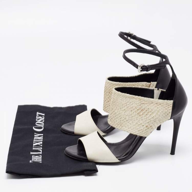 Pre Owned McQ by Alexander McQueen Off-White/Black Snakeskin And Leather Ankle Strap Sandals Size 39