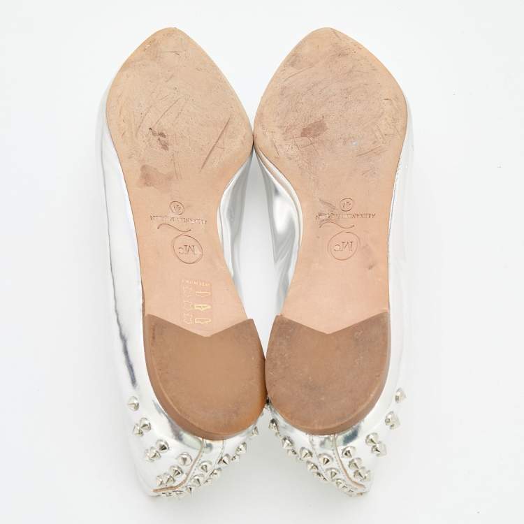 Pre Owned McQ by Alexander McQueen Silver Patent Leather Studded  Ballet Flats Size 41