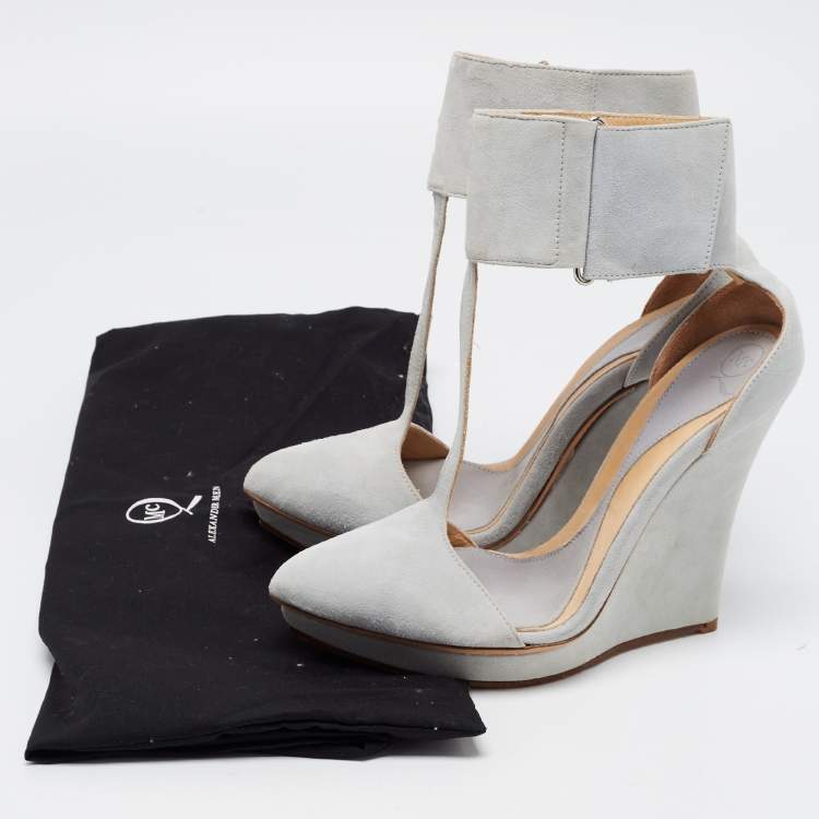 Pre Owned McQ by Alexander McQueen Light Grey Suede Ankle Cuff Wedge Pumps Size 39