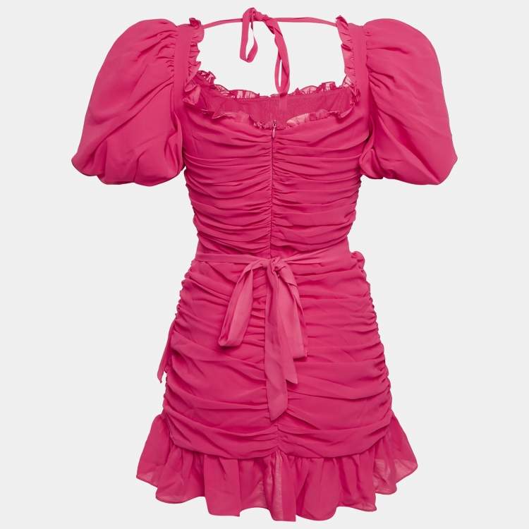 Pre Owned Mergim Pink Chiffon Ruche Detail Belted Mini Dress M