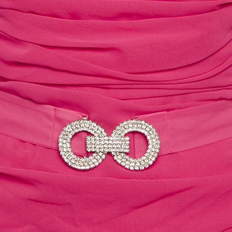 Pre Owned Mergim Pink Chiffon Ruche Detail Belted Mini Dress M