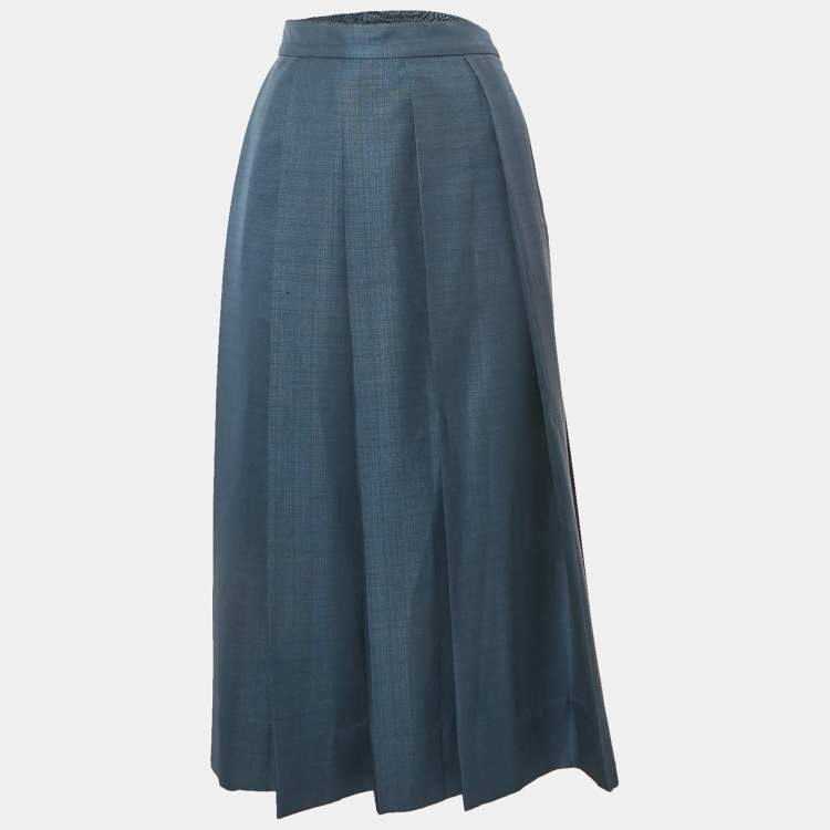 Pre Owned Mero Studio Blue Crepe Pleated Midi Skirt S
