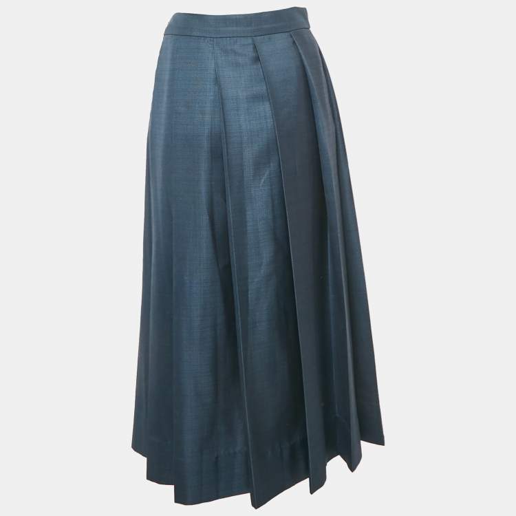 Pre Owned Mero Studio Blue Crepe Pleated Midi Skirt S