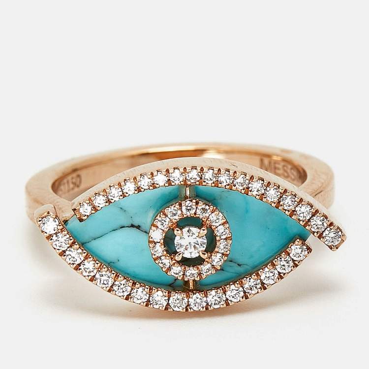 Pre Owned Messika Lucky Eye Diamonds Turquoise 18k Rose Gold Ring Size 50