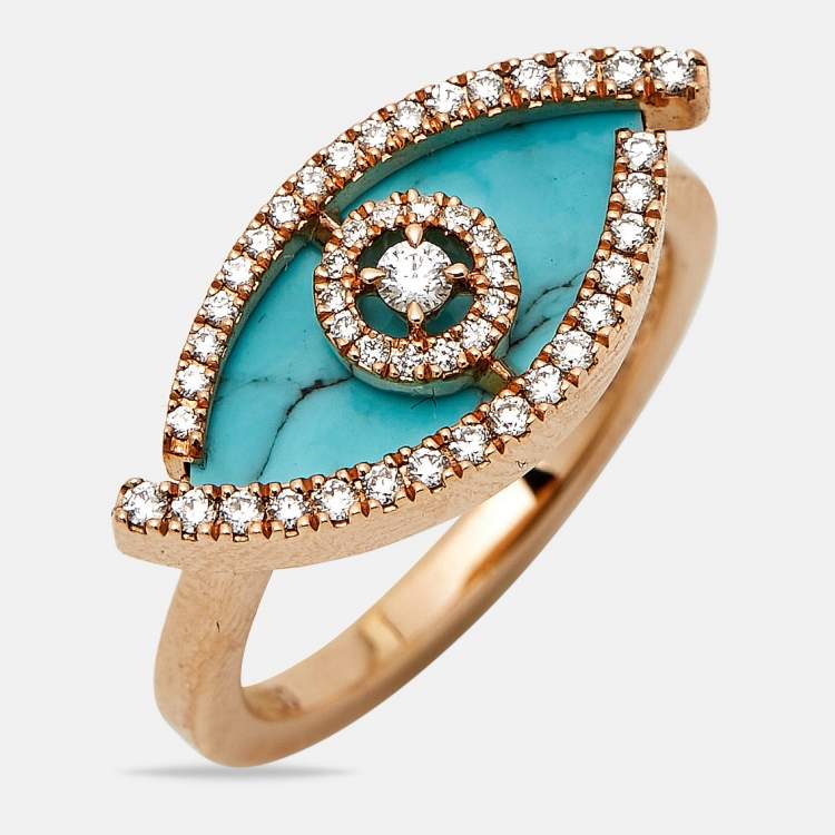Pre Owned Messika Lucky Eye Diamonds Turquoise 18k Rose Gold Ring Size 50