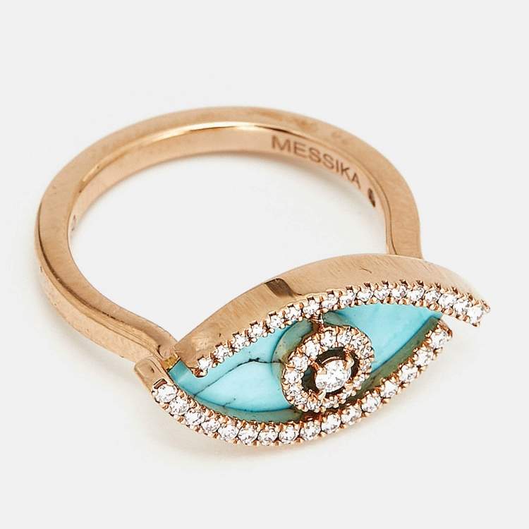 Pre Owned Messika Lucky Eye Diamonds Turquoise 18k Rose Gold Ring Size 50